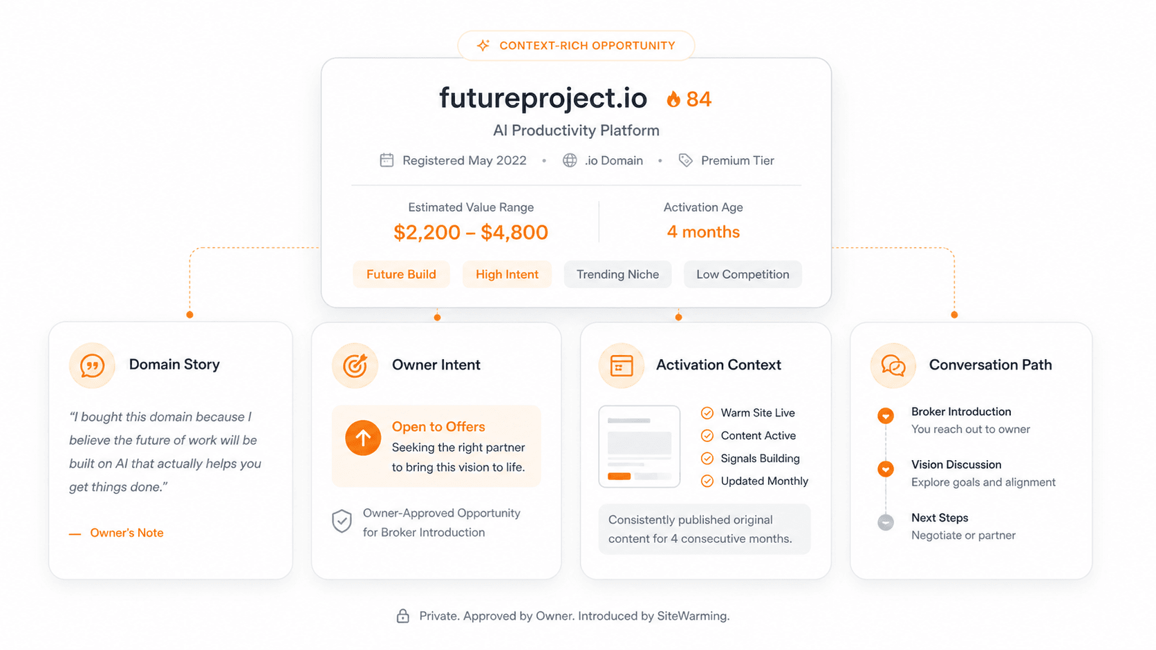 Context-rich domain opportunity briefing for brokers